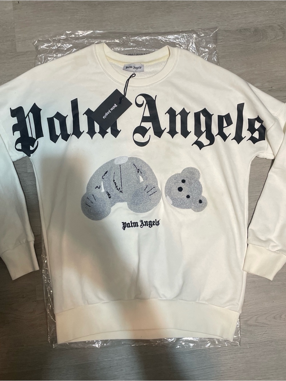 Palm Angels White Crewneck with Black Logo and Gray Teddy Graphic